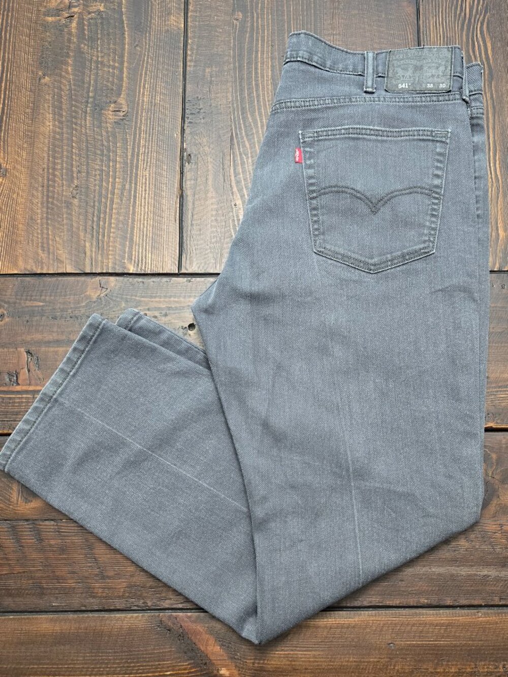 Levis 541 Athletic Taper Mens 38x30 Denim Jeans Jet Black Patch Faded Stretch